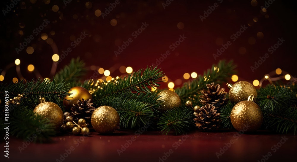 Obraz premium Golden Holiday Adornments: A festive scene, showcasing glittering gold ornaments and pine cones nestled among vibrant green fir branches, set against a warm, atmospheric backdrop of soft bokeh lights.