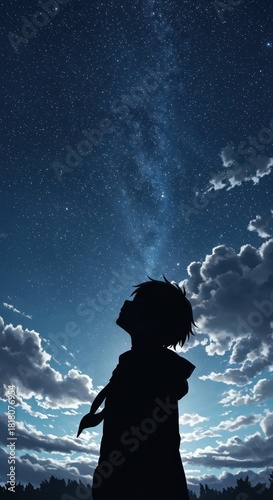 Stargazing Silhouette: A solitary figure, a boy, silhouetted against a breathtaking night sky speckled with stars, contemplates the vastness of the universe.