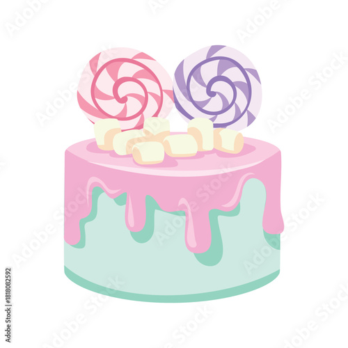 Pastel Cake with lollipops and marshmallow