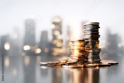 Coins money stack hologram for invest blurred building and city background. Economic, fund business, financial and stock market growth concept. Digital future of finance.