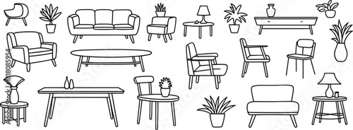 Collection of line art furniture and potted plants on white background interior home