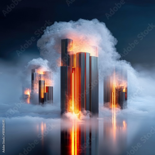 Abstract, futuristic skyscrapers are engulfed in thick white smoke and bright orange flames, set against a dark, moody sky. The scene is reflected in a still, d