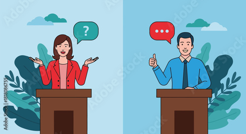 Debate illustration with question and answer speech bubbles art