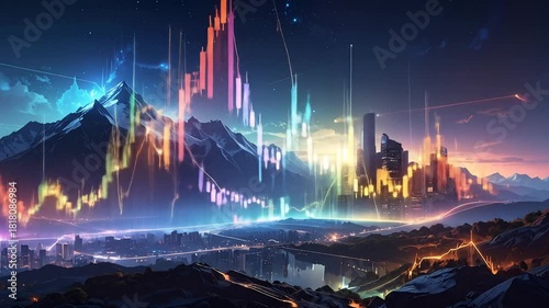 Abstract illustration of financial markets in a futuristic cityscape setting