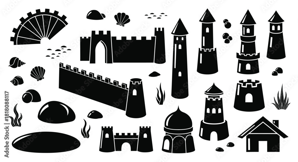 Naklejka premium Vector sandcastle building set silhouette beach summer vacation