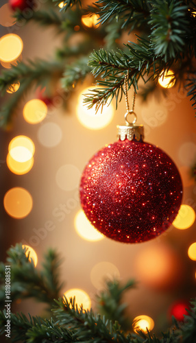 Luxury red and gold Christmas ornament with warm lights