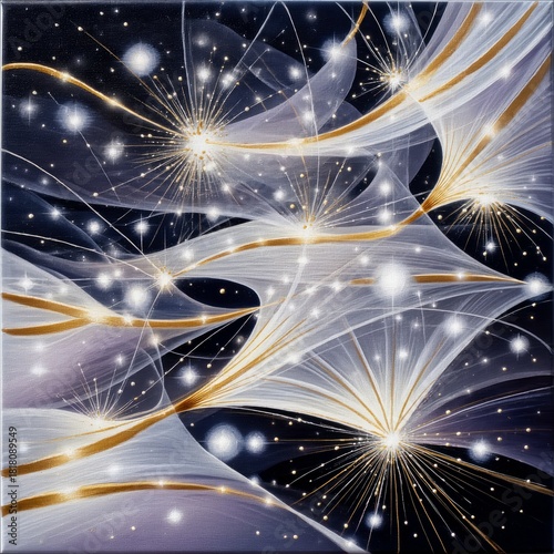 An abstract digital art piece featuring luminous, swirling white and gold light trails against a dark, star-filled background. The composition evokes a sense of