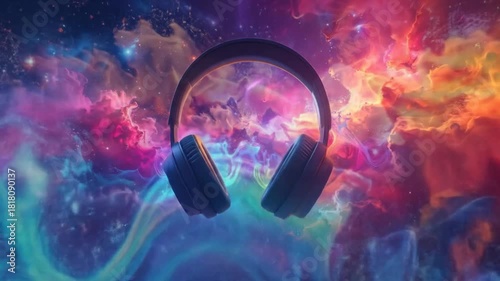 Abstract Musical Journey: Headphones Amidst a Cosmic, Colorful Nebula