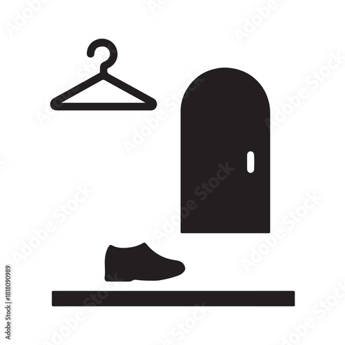 Minimalist wardrobe scene featuring a door a hanger and a shoe on a shelf symbolizing organization and simplicity
