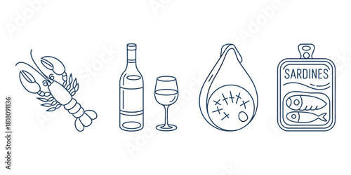 Seafood and wine icons lobster bottle glass sardines tin and bag Keywords: seafood, lobster