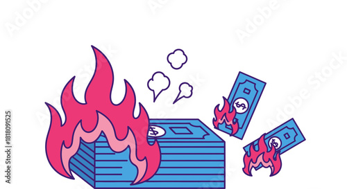 Burning money concept financial loss waste cash burn illustration