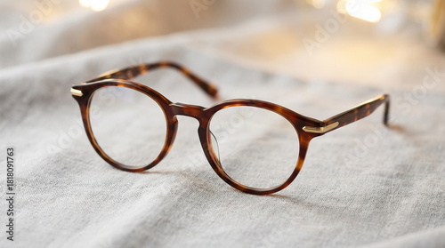 Round tortoiseshell glasses elegantly displayed on a soft fabric, ideal for fashion blogs or eyewear advertisements.