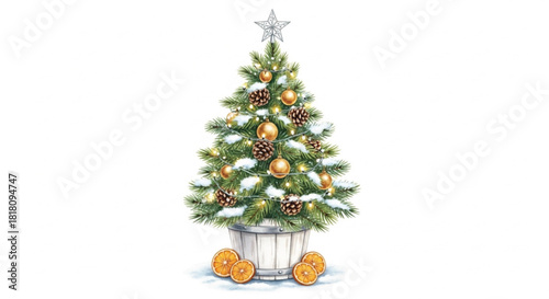 Snowy Fancy Potted Christmas Tree with Gold Ornaments, Pinecones and Dried Oranges – Watercolor Illustration