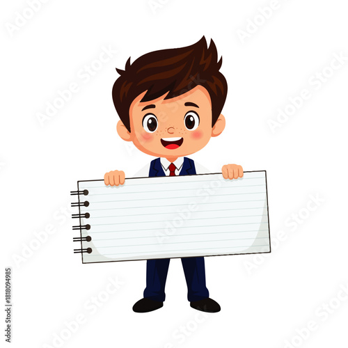 Cartoon Schoolboy Holding Blank Notepad