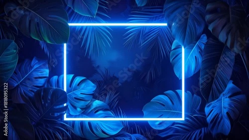 Abstract Neon Frame on Tropical Foliage Backdrop for Digital Presentation