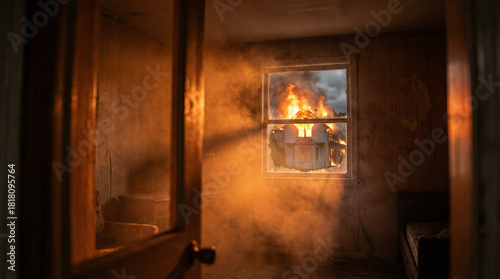 Wallpaper Mural A dimly lit room filled with smoke, revealing a house on fire outside. Conveys urgency and danger, perfect for emergency response themes. Torontodigital.ca