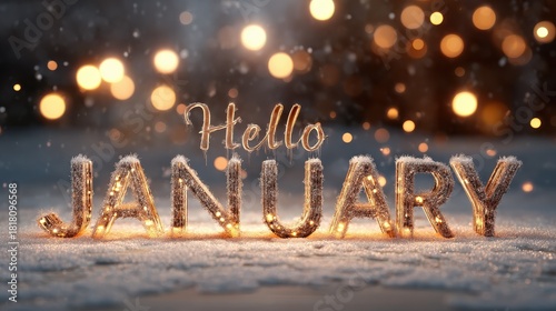 hello january text with frosty border and bokeh lights 2026