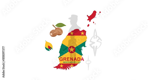 Grenada Map with Symbols of Nutmeg and National Flag, Exploring the Island's Identity