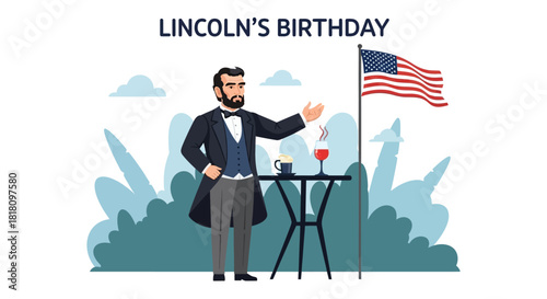 Patriotic illustration commemorating a revered historical leader's special day with symbolic American elements