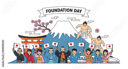 Celebration of Foundation Day in Japan A Festive Gathering with Cultural Symbols and Festivities