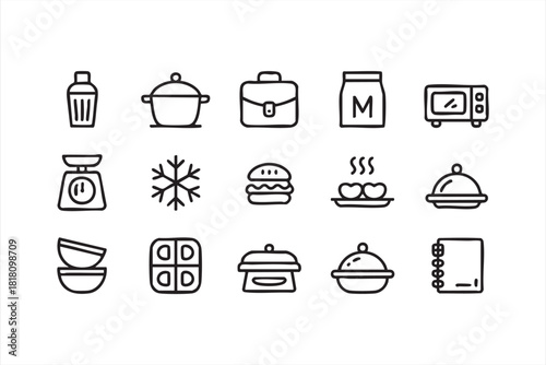 Meal prep containers, cooking tools, and serving icons in clean outline style