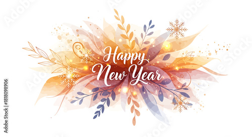 Elegant Happy New Year greeting on a background of abstract watercolor foliage and golden sparkles.