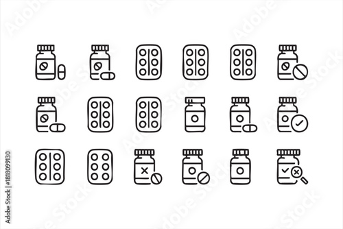 Pharmacy line icon pack with pill bottles, check marks, and dosage symbols