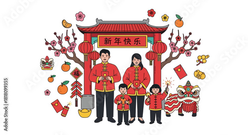 Joyful Asian family celebrating the Lunar New Year, embracing ancient traditions amidst vibrant festive decorations and cultural symbols