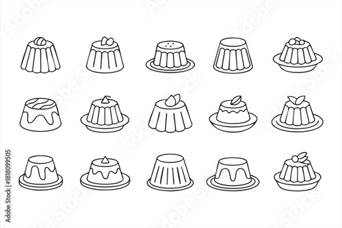 Pudding and flan line icon set for dessert menus and bakery branding