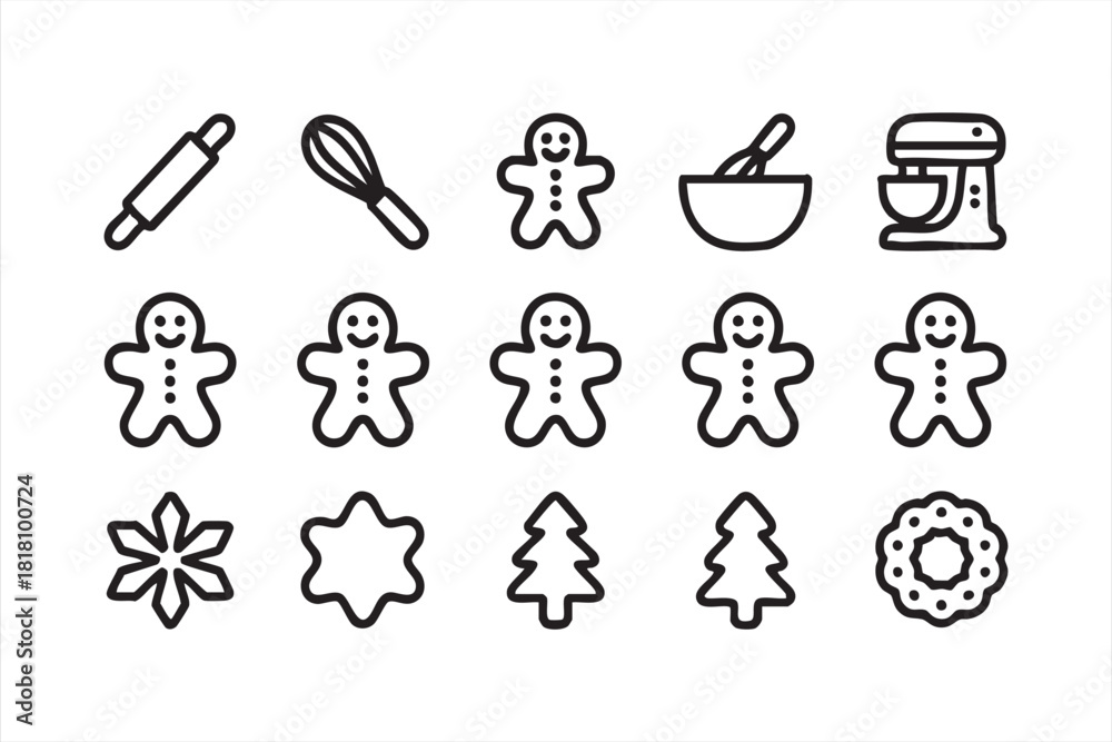 Fototapeta premium Holiday baking line art collection featuring cookies, mixers, and rolling pins
