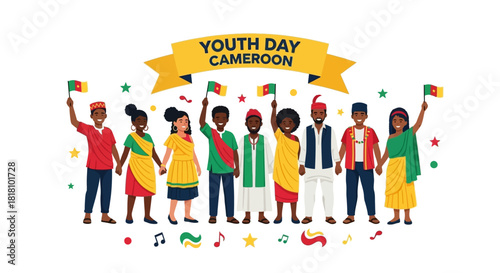 Celebrate Youth Day Cameroon with a diverse group of young people waving flags