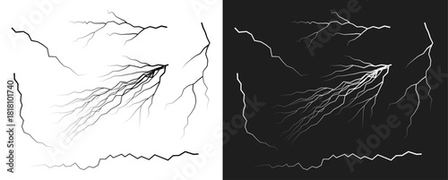 Black and white lightning bolt vector set with electric energy streaks, high-contrast thunderbolt line art elements on light and dark backgrounds