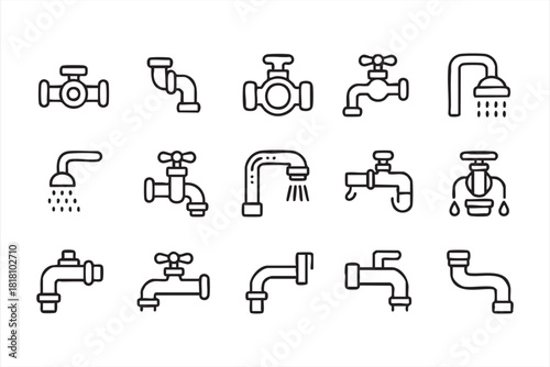 Plumbing repair and faucet icon set for construction and service branding