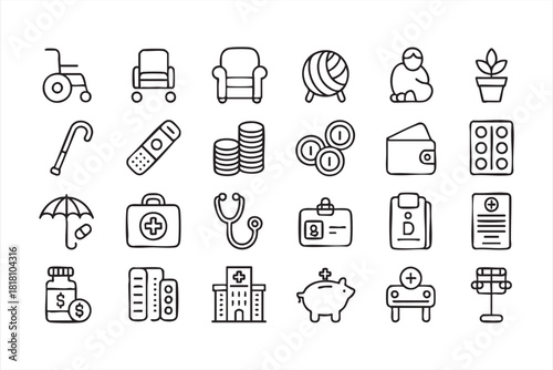 Elderly care and medical service icon set in modern outline style