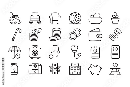 Healthcare, medication, and financial protection icons for wellness design