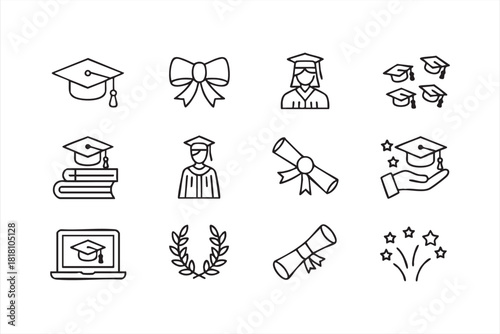 Graduation ceremony and diploma illustrations in modern outline style