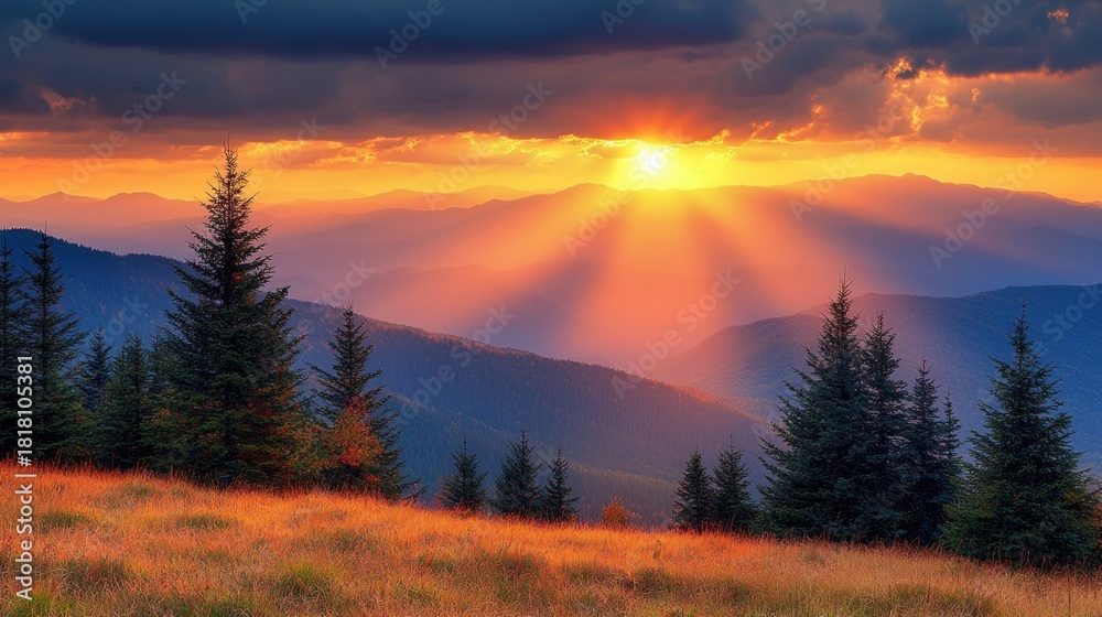 Obraz premium Mountain sunset with sun rays piercing clouds, grass foreground, trees