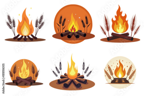 Collection of campfire illustrations with wheat, warm colors, cozy autumn theme