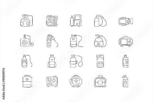 Clean line art of breathing equipment for hospitals and wellness materials