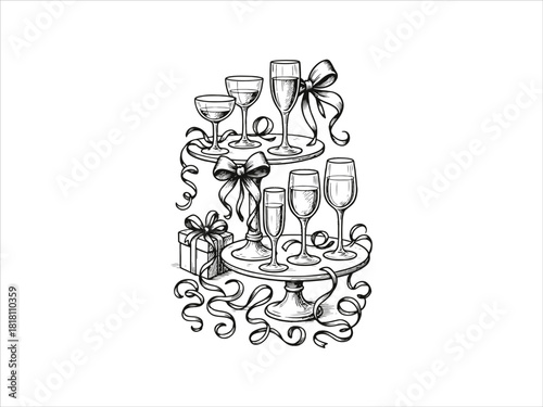 
Fest iServe Illustration Hub serving stands with glasses, festive party 