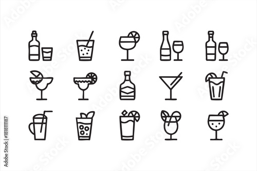 Vector pack of bottles, glasses and mixed drinks for bar and restaurant graphics