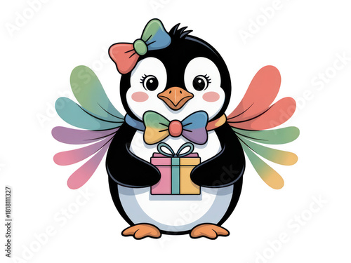 A cute cartoon penguin wearing a rainbow bow tie and holding a gift transparent background animal
