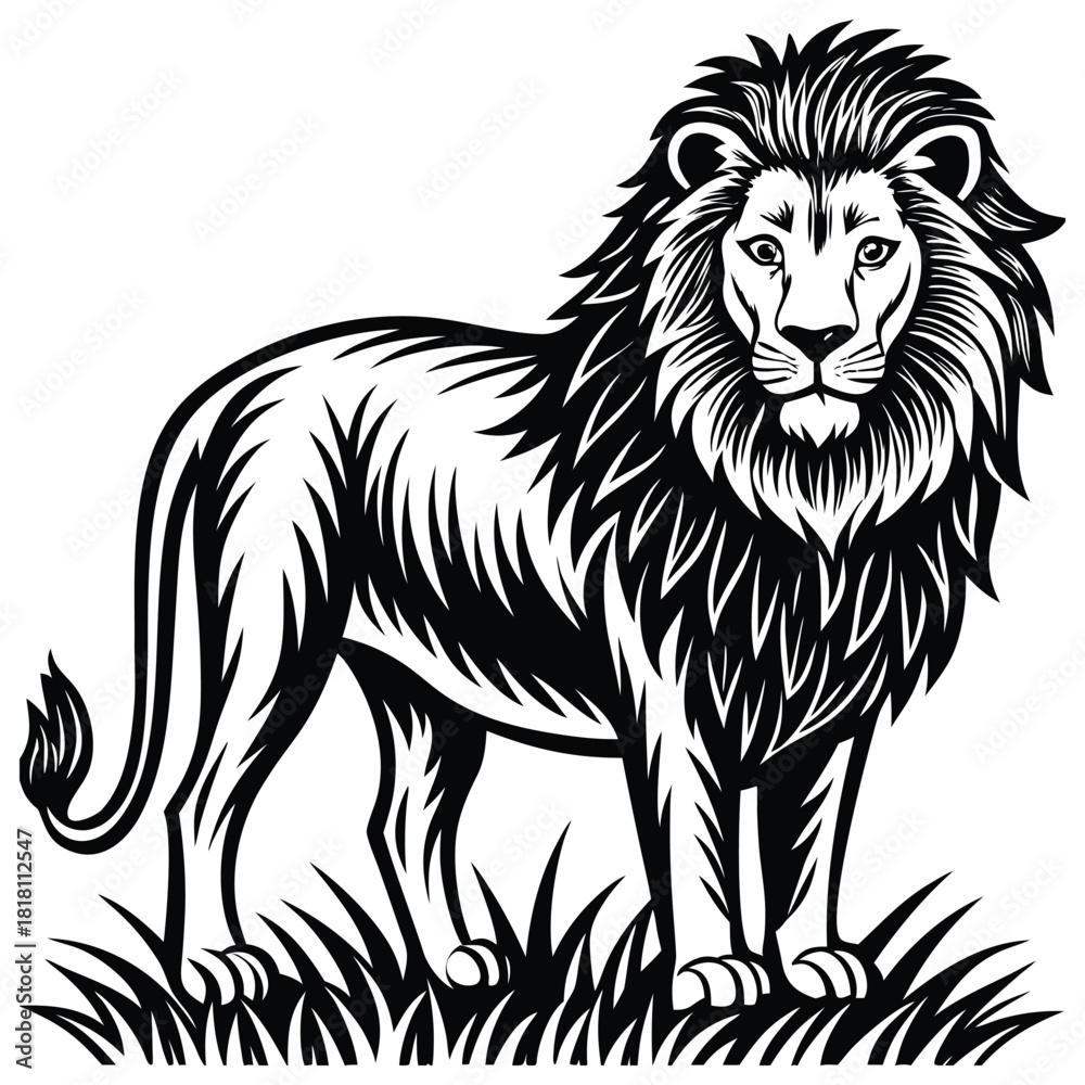 Fototapeta premium Majestic Lion Line Art Illustration – Black and White Wild Animal Vector,