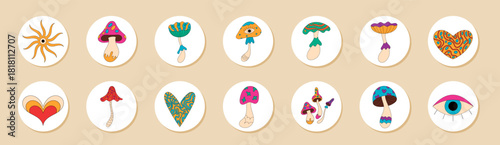 Groovy psychedelic mushroom sticker set with heart, eye, and magic patch in colorful retro y2k style. Circle format perfect for lid and package, trippy accent in vibrant palette for unique package