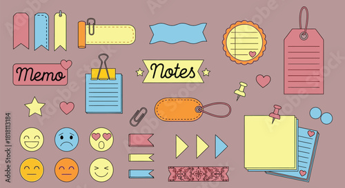 Vector illustration of stationery notes memo stickers and emoji set