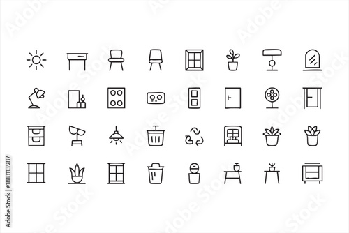 Interior decor and home furnishing icons in minimal line art style