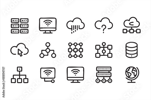 Data servers, wireless connections, and database symbols for IT design