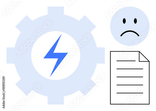 Power outage concept. Symbols energy disruption with a lightning bolt, sad face, and document linking power outages to impact, workflow delays, and problem-solving efforts. Ideal for energy crisis