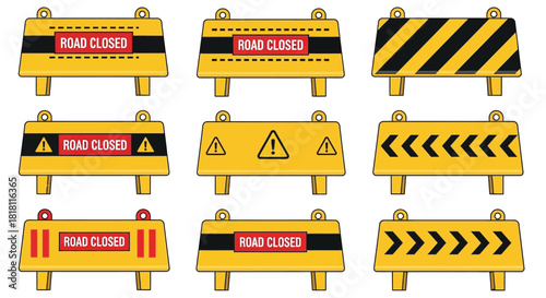 Road closed barriers traffic safety construction signs vector set