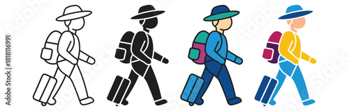 Traveler icon set . Person with Suitcase Outline for Travel, Vacation, business trip, holiday  and tourism concept , vector illustration.